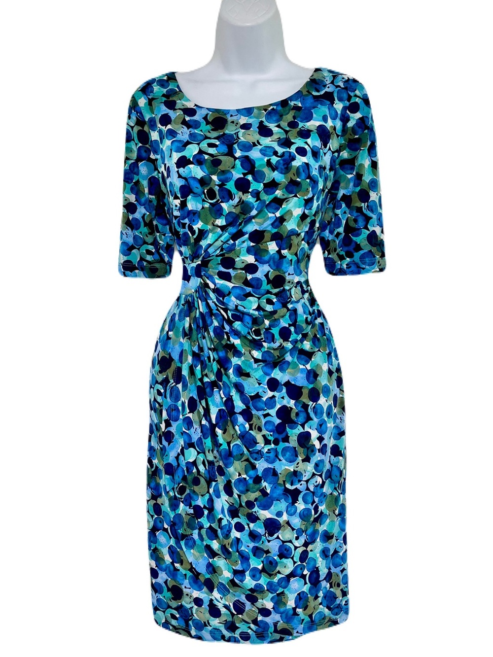 Connected Petite Blue Abstract Polka Dot Bubble Ruched 3/4 Sleeve Dress, Size 8P